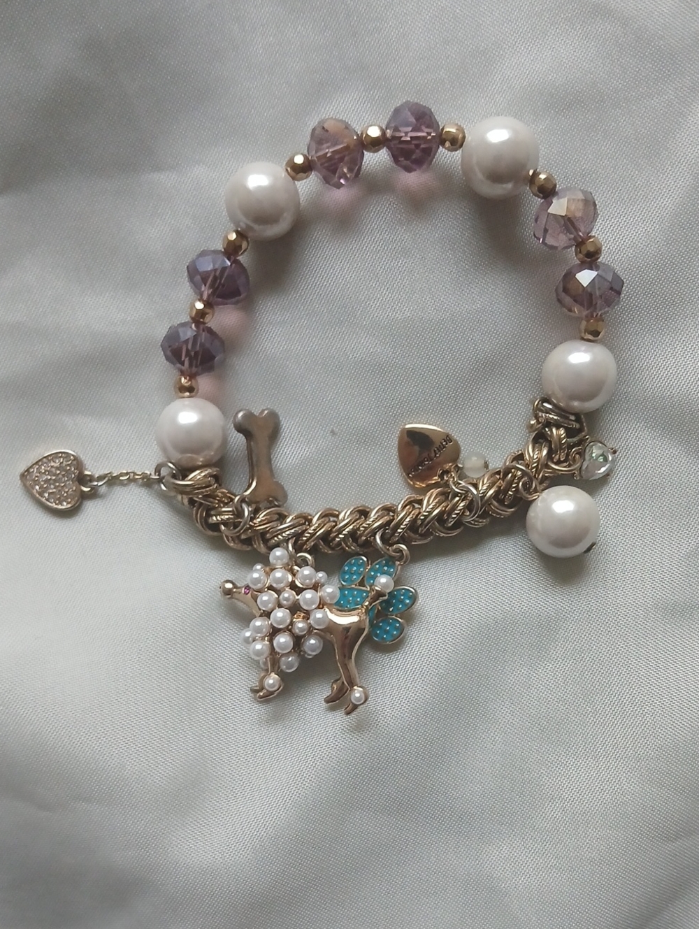 Gold Tone Pearl & Purple Crystal Poodle Charm Bracelet -Betsey Johnson